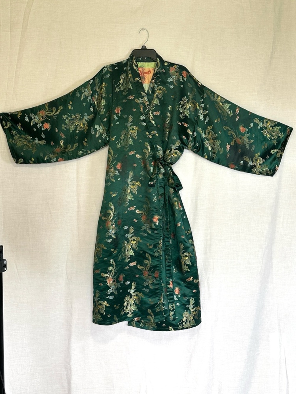Emerald Green Floral Satin Wrap Coat Kimono - Picture 10 of 13